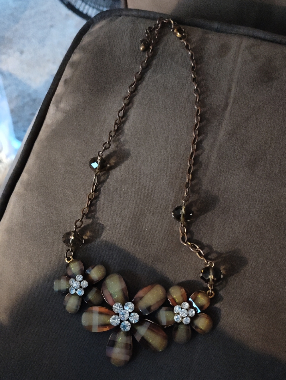 J Crew Floral Cluster Necklace with Brown Petal Accents and Crystal Centers